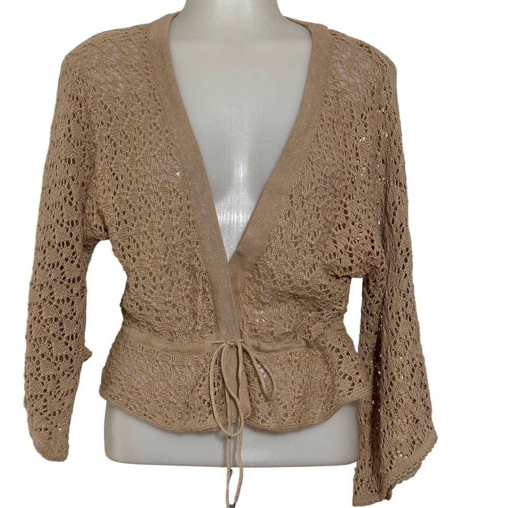 George Crochet Cardigan Women Medium 8/10 Beige Excellent‎ Tie Front Boho Knit